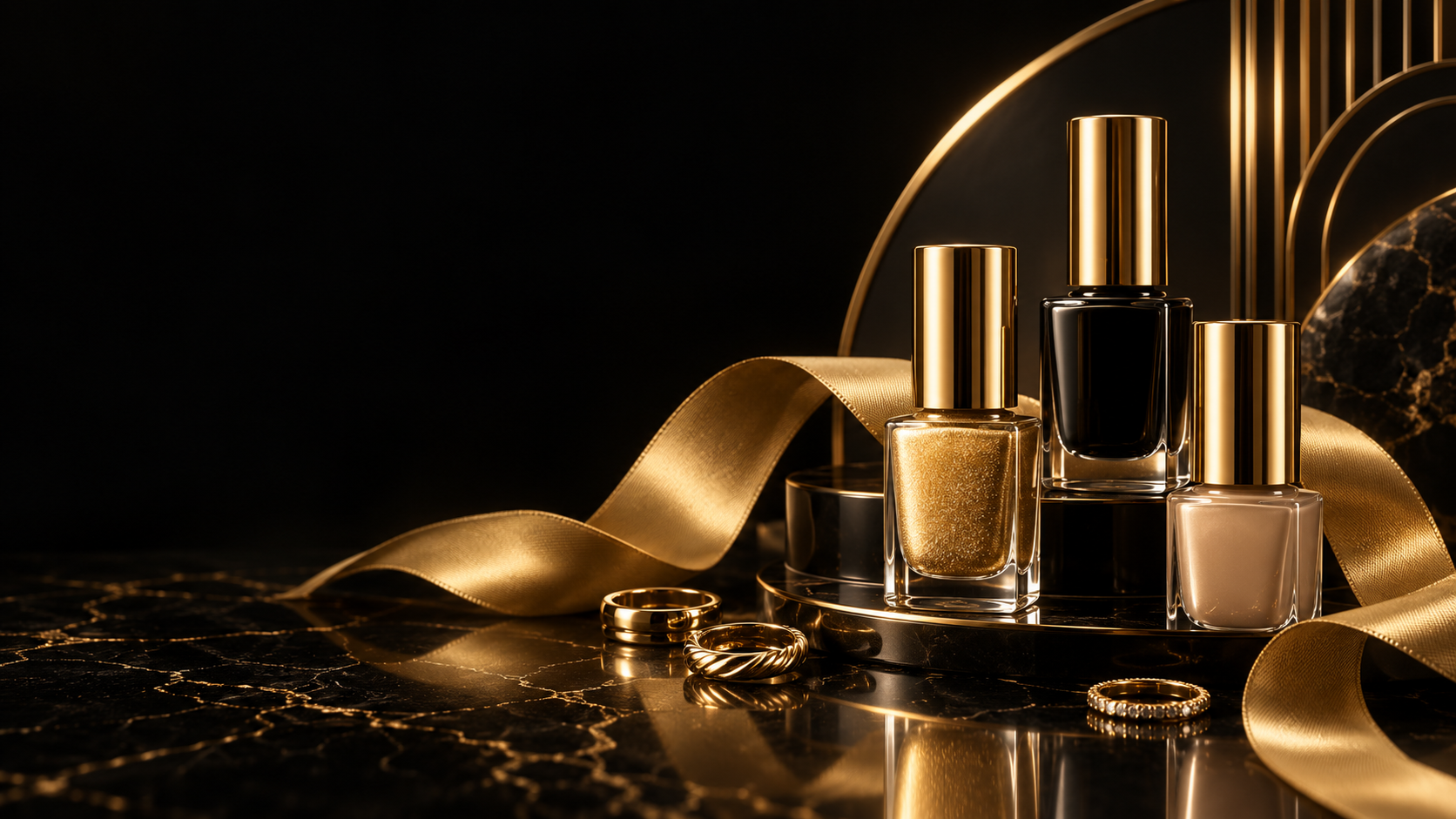 Illustration of gold capped nail lacquer bottles and gold rings on a black background