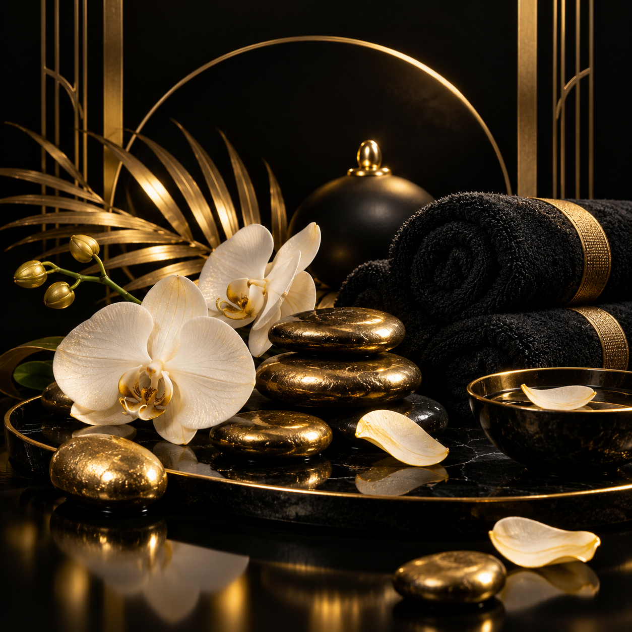 Illustration of orchid petals, gold massage stones, and rolled black towels